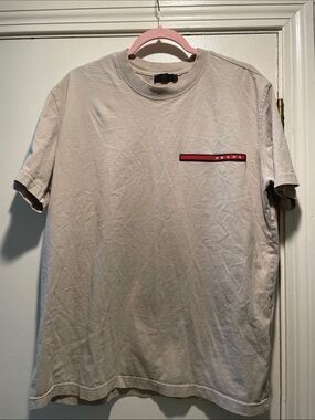 Prada Light Beige Short-Sleeve Crewneck T-Shirt with Red & Black Logo Stripe
